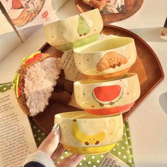 Adorable Cute Fruit Croissant Ceramic Rice Bowl with Spoon set of 4 - Picture 4 of 8